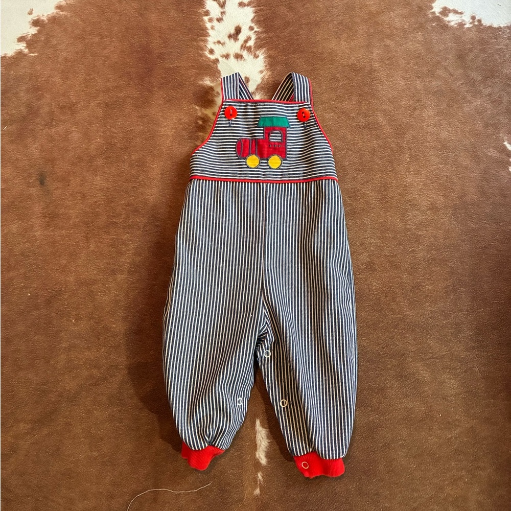 Healthtex Blue Striped Overalls with Train Design